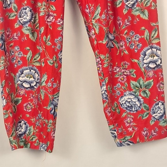 Vintage 80s FRANK SAVAGE 4 Red Floral Rayon Pants Pleated High Waist Tapered Leg - Picture 3 of 7